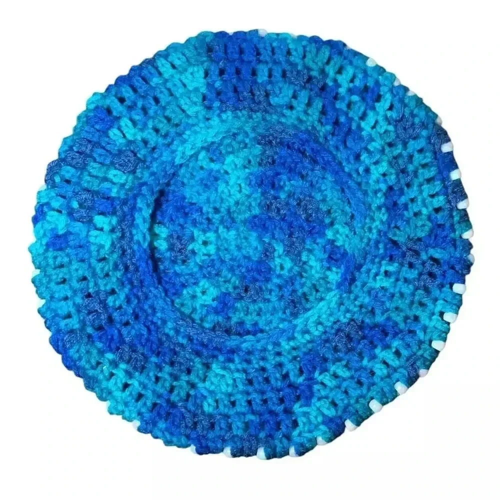 Beaded Beret Hat Women Size Adult Multicolor Blue White Crochet Warm Embellished